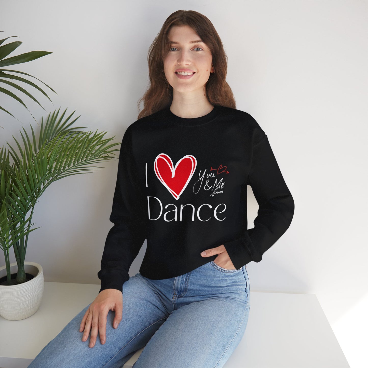 "I Love Dance" Unisex Crewneck Sweatshirt – Hand-Drawn Heart & Note Graphic Dance Lover Pullover