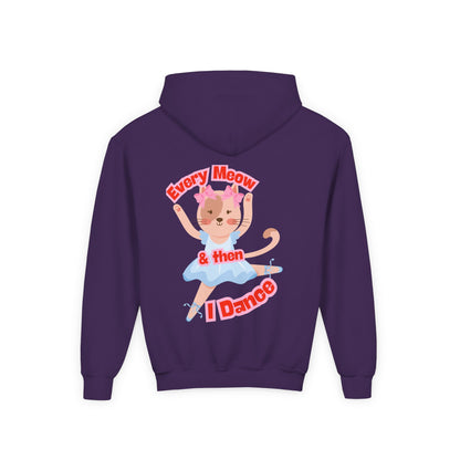 “Every Meow & Then I Dance” Adorable Dancing Cat Graphic | Cute Cat Dance Hoodie for Kids & Young Ballet Enthusiasts - Unisex Youth Hoodie
