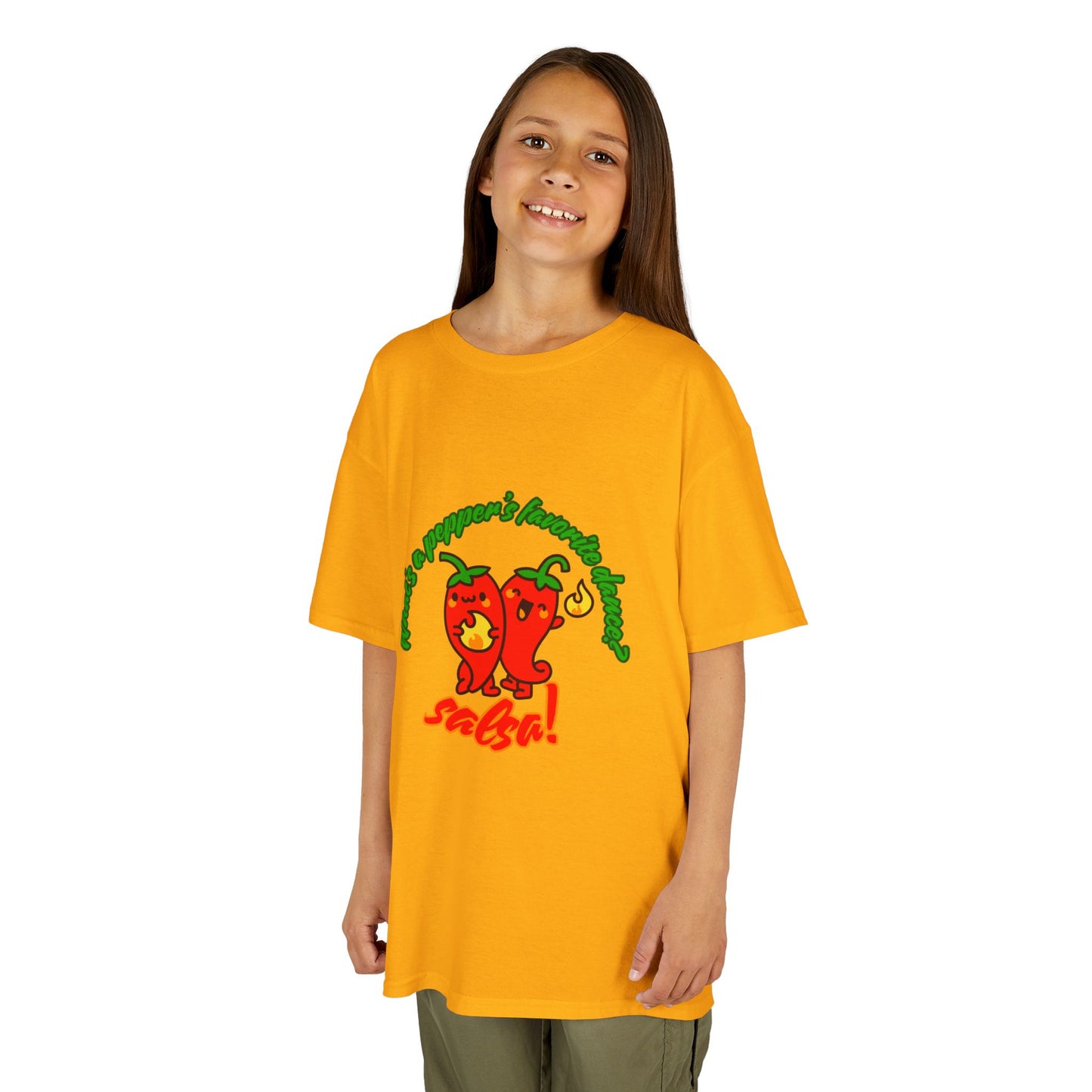 "What’s a Pepper’s Favorite Dance? Salsa!" Youth Short Sleeve Tee – Funny Dance Shirt with Cute Pepper Graphic for Kids