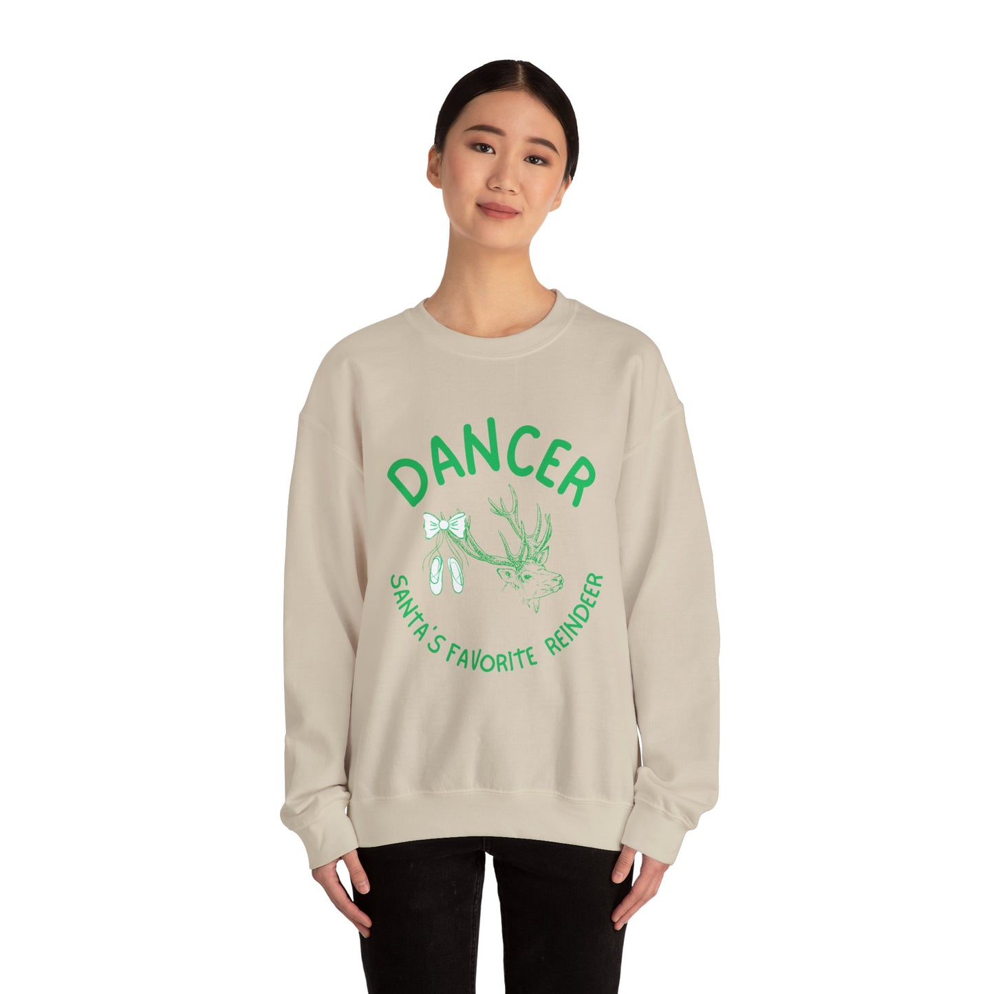 “Dancer, Santa’s Favorite Reindeer” ADULT SWEATSHIRT Unisex Heavy Blend Crewneck with Vintage Reindeer Graphic – Festive Christmas Dance Sweatshirt for Dancers & Holiday Events