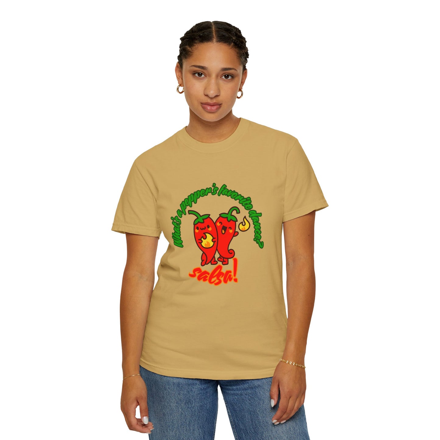 "What's a Pepper's Favorite Dance? Salsa!" Dance Pun Unisex Garment-Dyed T-Shirt – Funny Dance Joke Tee with Cute Pepper Graphic – Dance Humor Shirt for Food & Pun Lovers