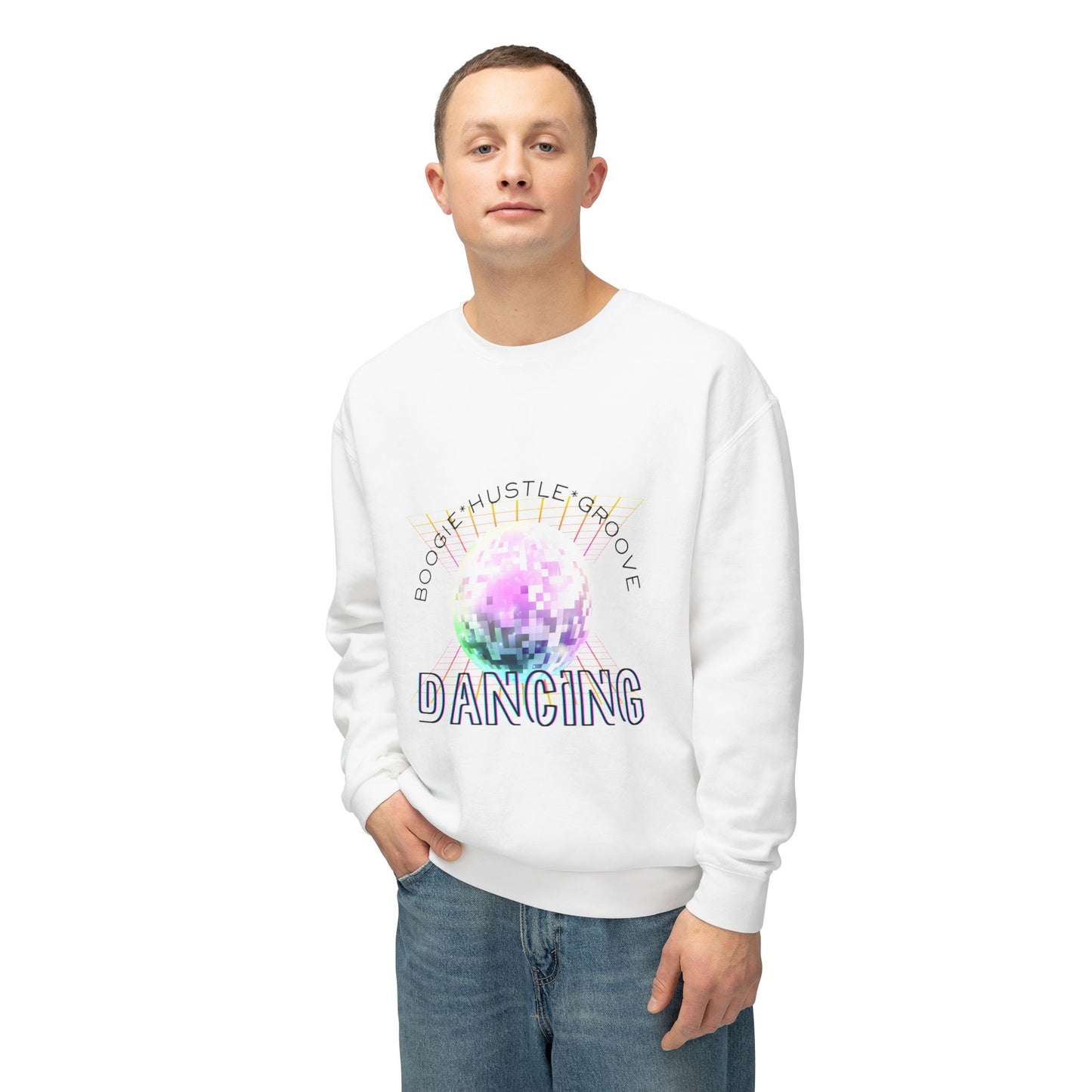 "Boogie, Hustle, Groove - Dancing" Streetwear Dance Graphic – Unisex Lightweight Crewneck Sweatshirt