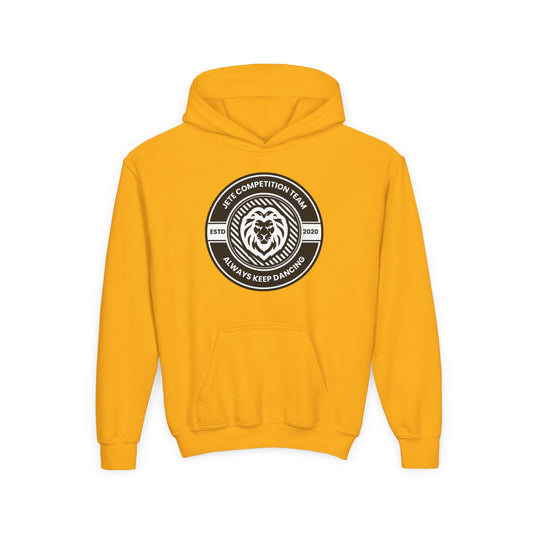 "Jeté Competition Team - Always Keep Dancing" Youth Hooded Sweatshirt – Bold Collegiate Emblem Dance Graphic Hoodie for Kids and Teens