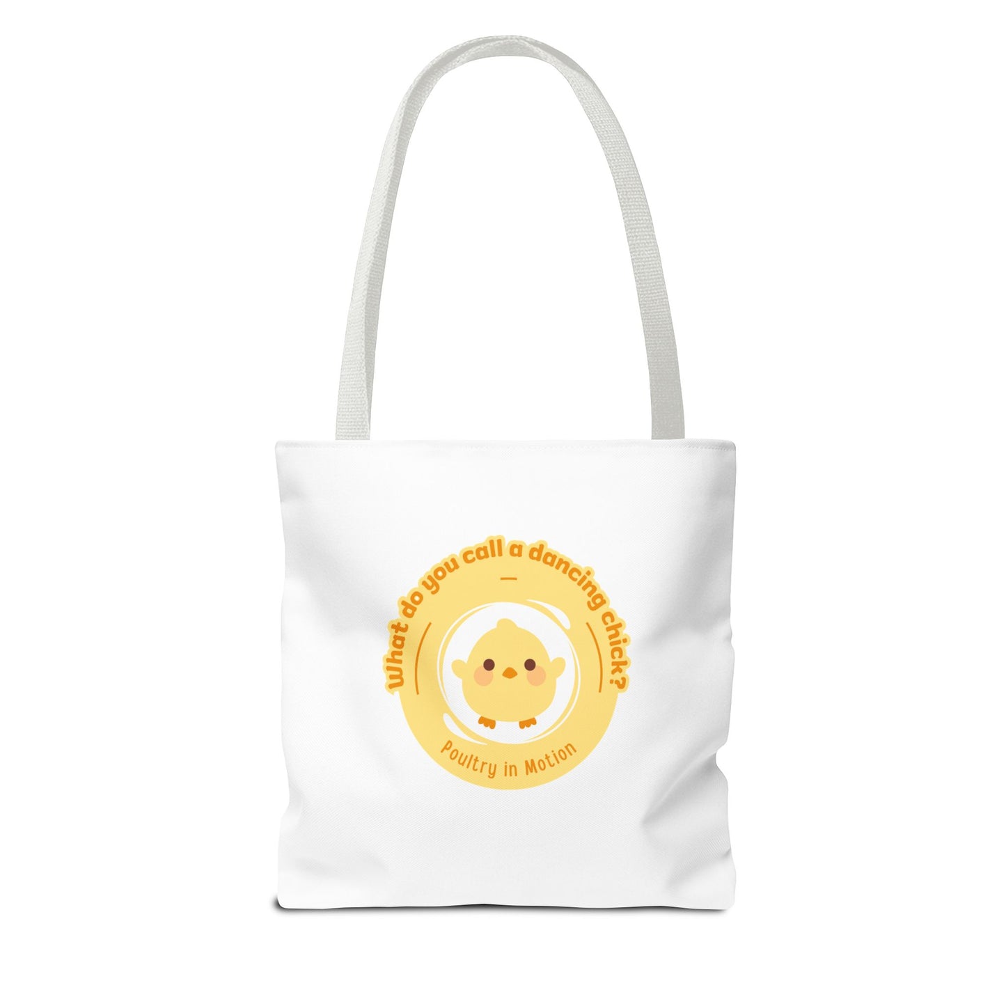 "What do you call a dancing chick? Poultry in Motion" Funny Dance Tote Bag – Kawaii Chicken Canvas Tote for Dancers & Dance Lovers