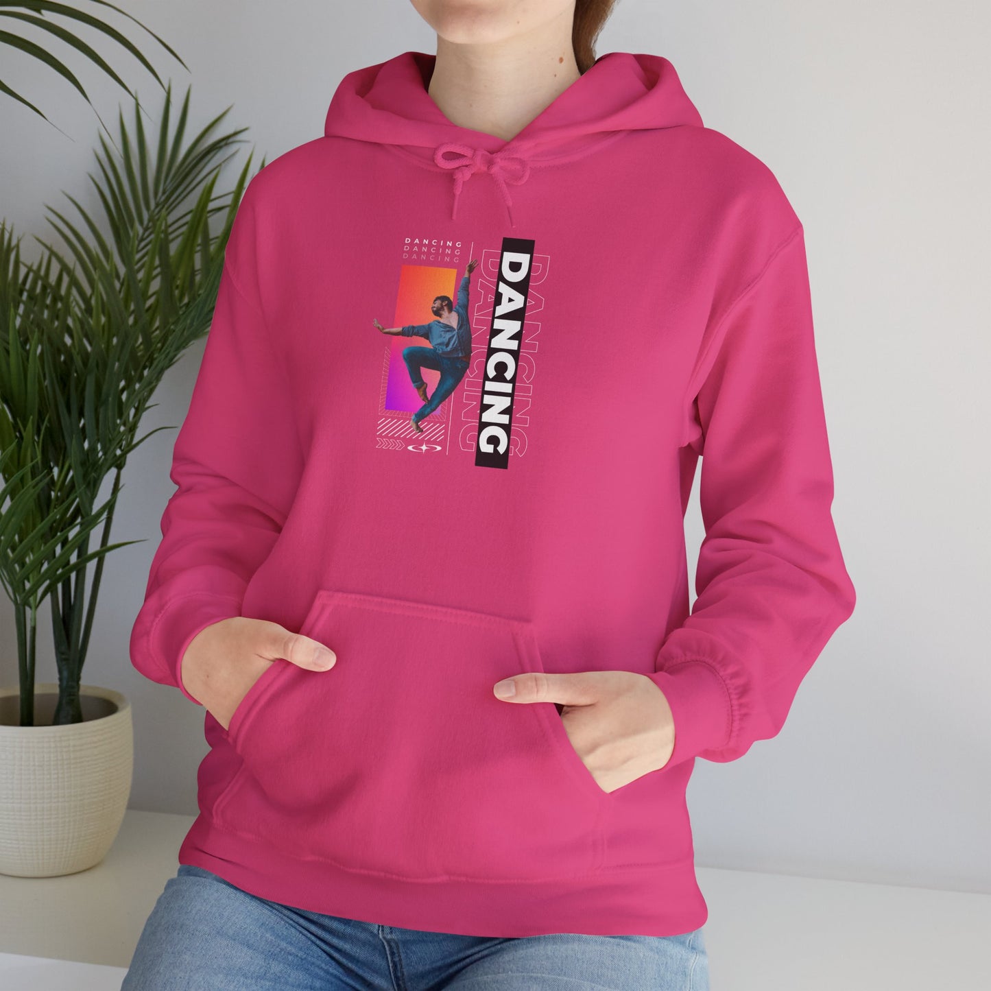 “Dancing” Text with Streetwear-Style Male Dancer Graphic – Unisex Heavy Blend™ Hooded Sweatshirt – Cozy Dance Hoodie for Performers & Dance Enthusiasts