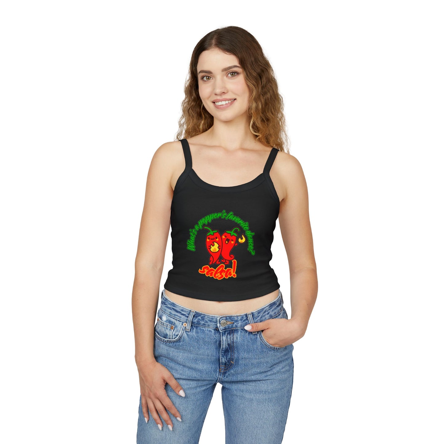 "What’s a Pepper’s Favorite Dance? Salsa!" Women’s Spaghetti Strap Tank Top – Cute Pepper Graphic | Funny Dance Pun Shirt for Dancers & Food Lovers