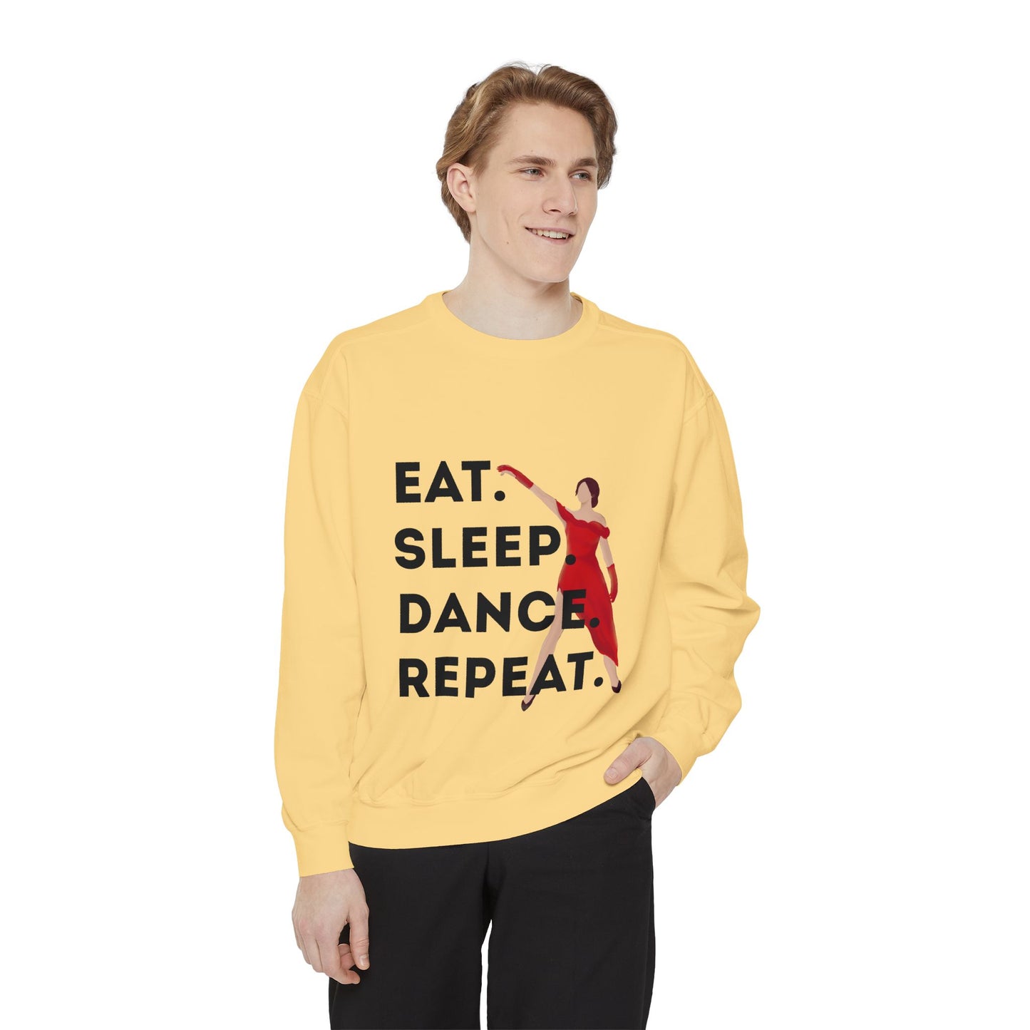 "Eat, Sleep, Dance, Repeat" Unisex Lightweight Crewneck Sweatshirt – Bold Dance Graphic Pullover for Dancers & Studio Life Enthusiasts