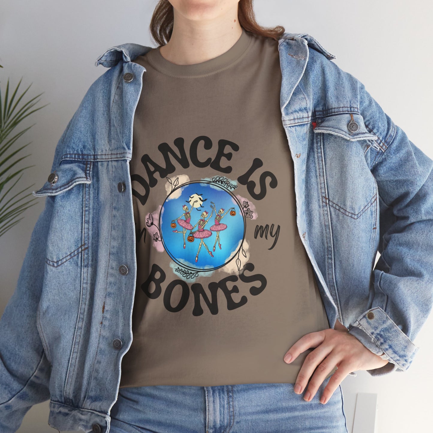 “Dance Is in My Bones” Halloween Dance T-Shirt with Dancing Skeletons Graphic - Unisex Heavy Cotton Tee