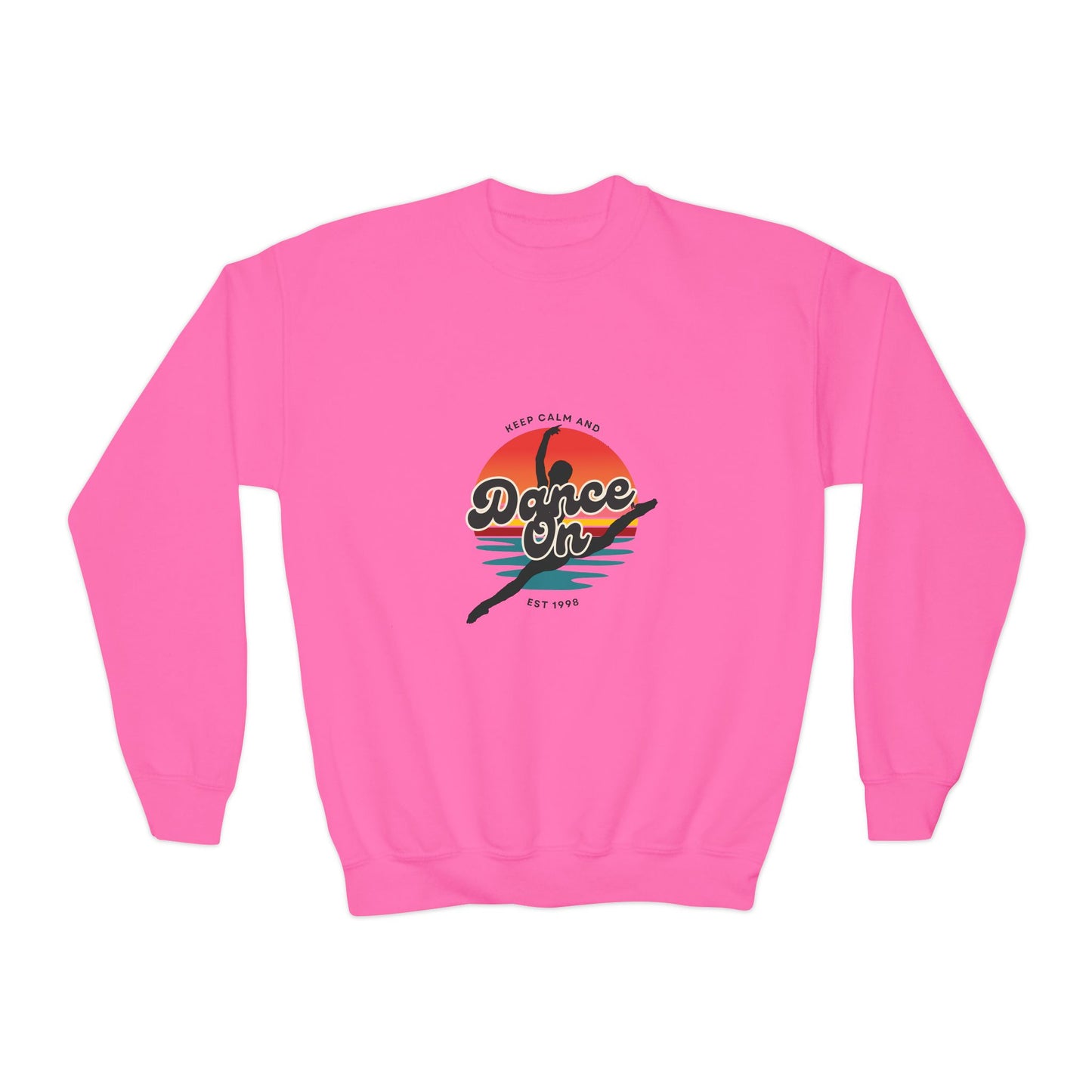 "Keep Calm and Dance On" Youth Crewneck Sweatshirt – Retro Graphic Dance-Themed Kids Pullover for Young Performers