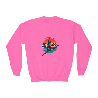"Keep Calm and Dance On" Youth Crewneck Sweatshirt – Retro Graphic Dance-Themed Kids Pullover for Young Performers