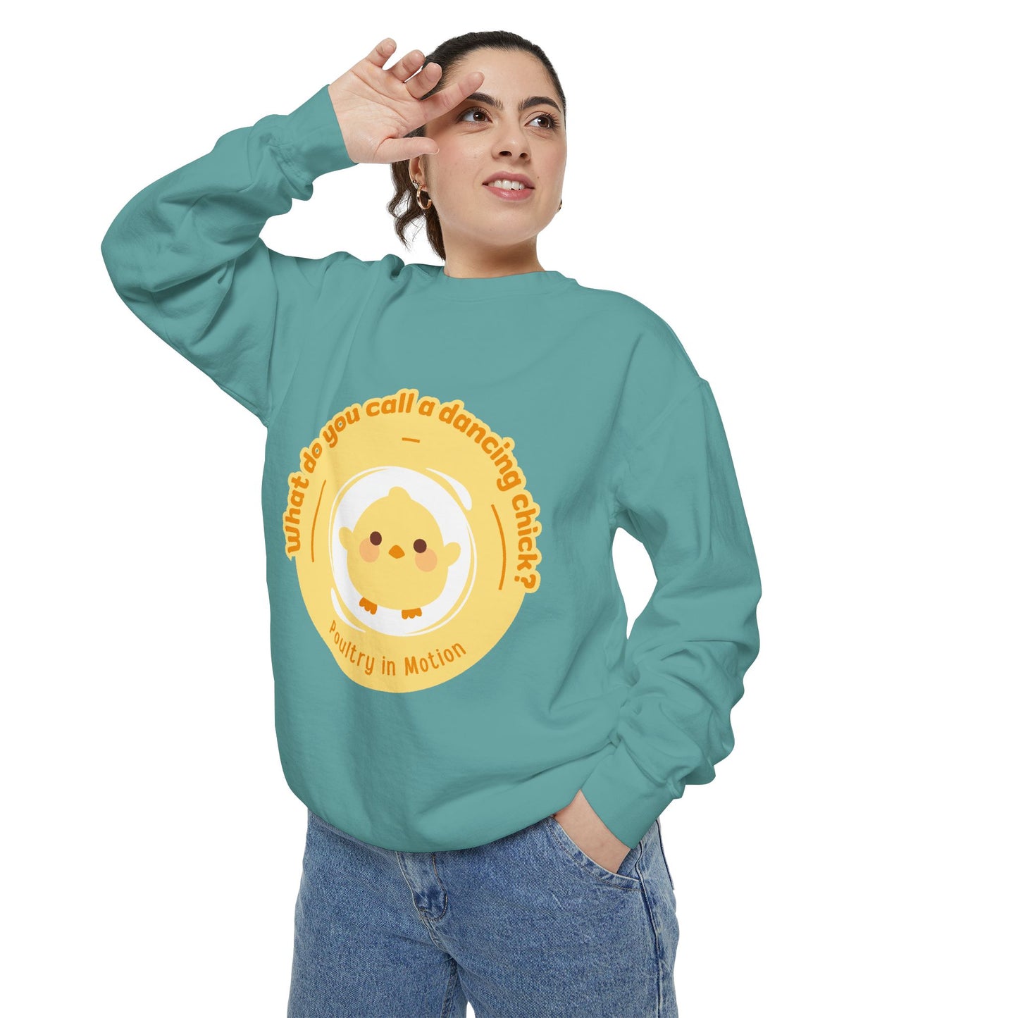 "What Do You Call a Dancing Chick? Poultry in Motion" Unisex Lightweight Crewneck Sweatshirt – Funny Dance Pun Pullover with Colorful Text Graphic for Dancers & Humor Lovers