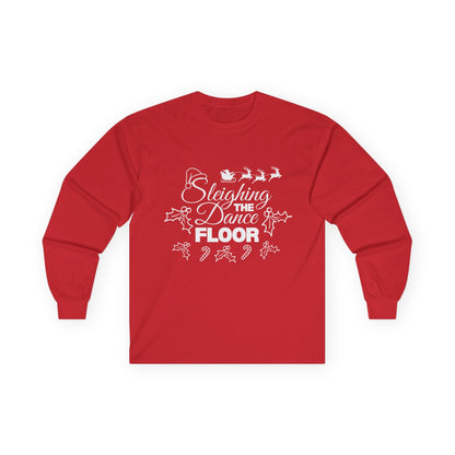 “Sleighing the Dance Floor” ADULT TEE Unisex Long Sleeve with Santa’s Sleigh and Reindeer – Festive Christmas Dance Shirt for Dancers, Studios and Holiday Events
