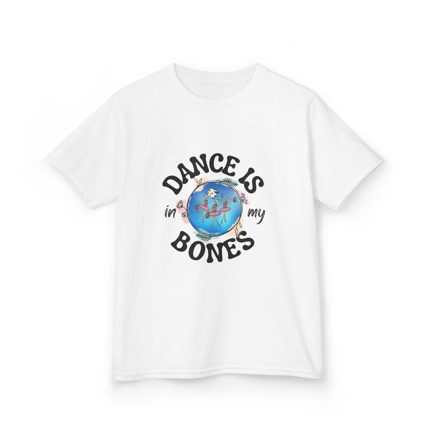 "Dance Is in My Bones” Halloween Dance T-Shirt with Dancing Skeletons Graphic - Kids Heavy Cotton™ Tee