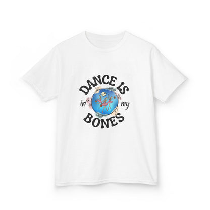 "Dance Is in My Bones” Halloween Dance T-Shirt with Dancing Skeletons Graphic - Kids Heavy Cotton™ Tee