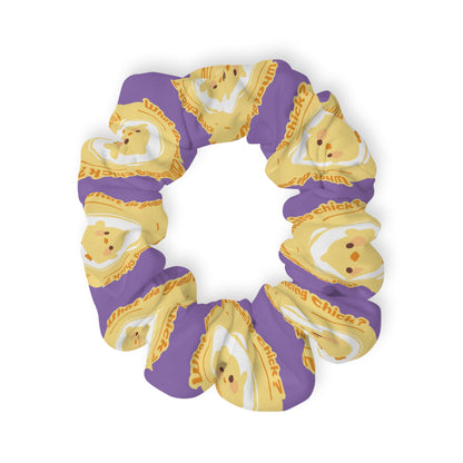 “What do you call a dancing chick? Poultry in Motion” Scrunchie – Funny Dance Pun Hair Accessory with Cute Dancing Chicken Graphic