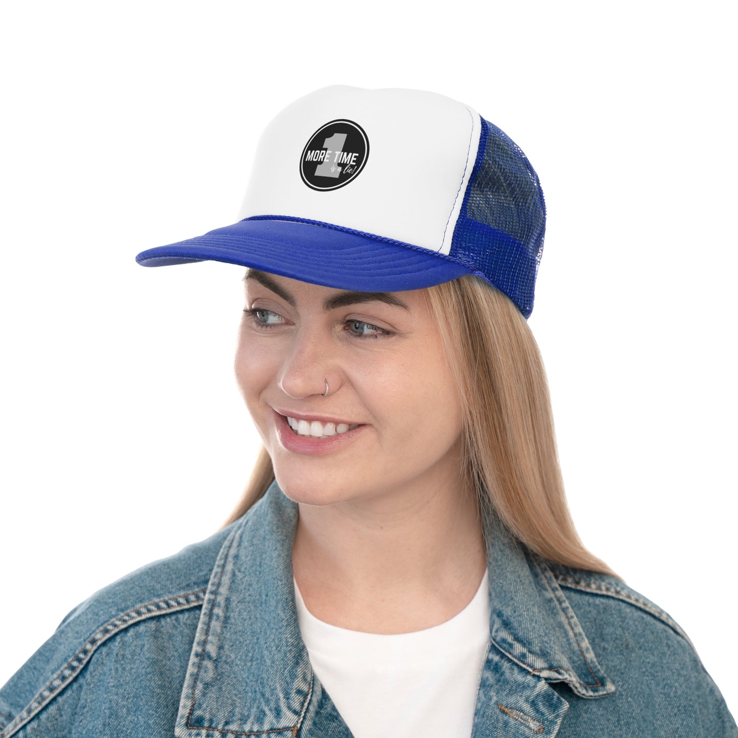"One More Time is a Lie" Dance Quote Unisex Trucker Hat – Emblem Graphic Cap for Dancers & Dance Moms – Funny Dance Rehearsal Hat