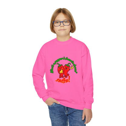 "What's a pepper's favorite dance?  Salsa!" – Funny Dance Pun Youth Crewneck Sweatshirt | Cute Pepper Graphic Kids Pullover for Dancers