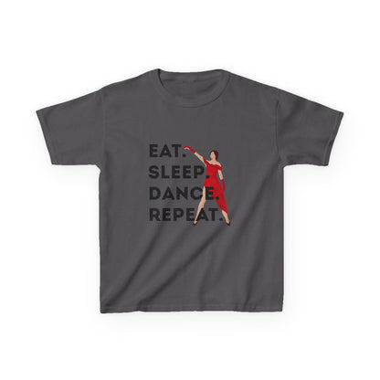 "Eat Sleep Dance Repeat” Youth Short Sleeve Tee – Bold Dancer Graphic Dance Shirt for Kids and Young Performers