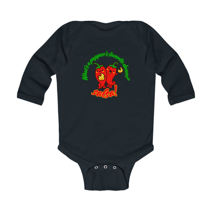 "What's a Pepper's Favorite Dance? Salsa!" Infant Long Sleeve Bodysuit – Cute Dance Pun Graphic Baby Outfit for Jeté Dance Fans