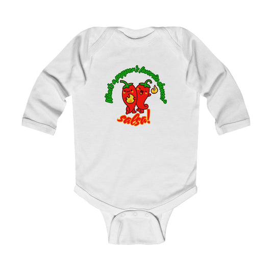 "What's a Pepper's Favorite Dance? Salsa!" Infant Long Sleeve Bodysuit – Cute Dance Pun Graphic Baby Outfit for Jeté Dance Fans