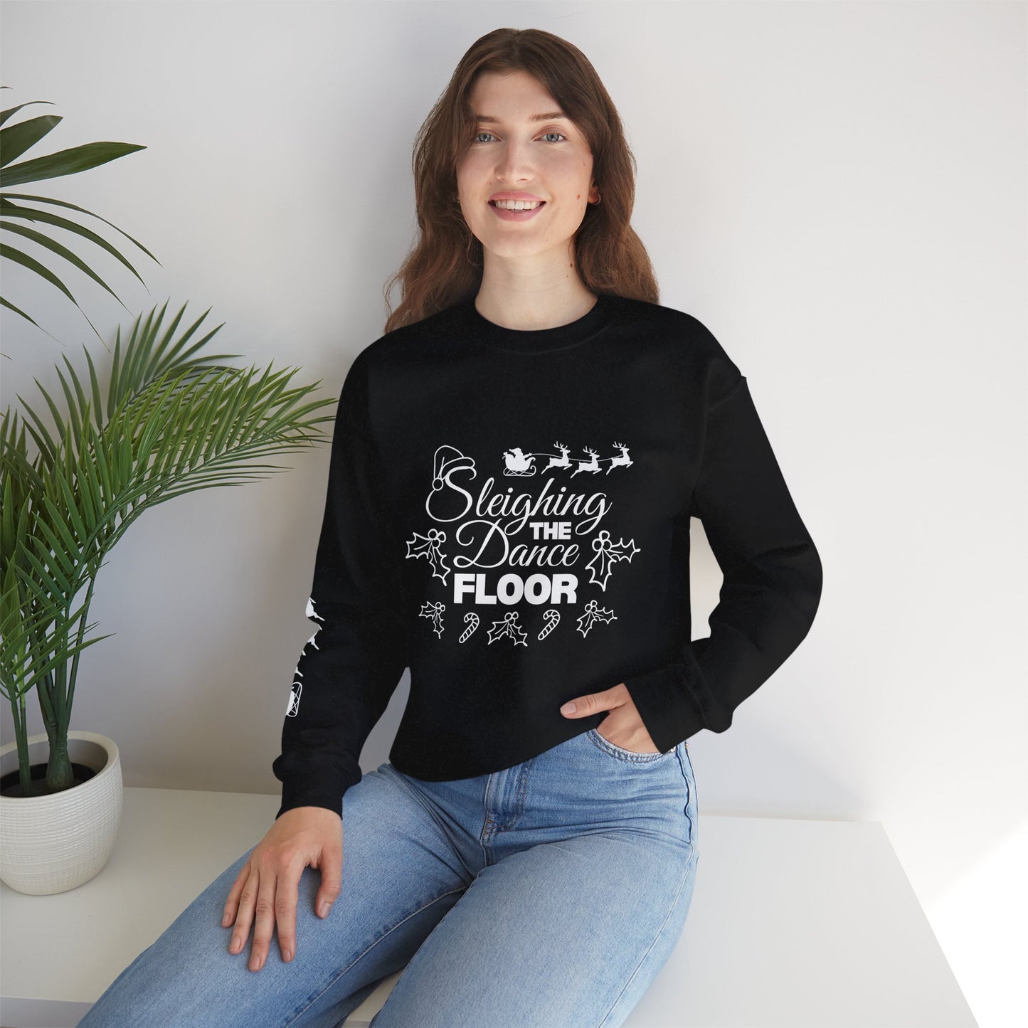 “Sleighing the Dance Floor” ADULT SWEATSHIRT Unisex Heavy Blend Crewneck – Festive Christmas Dance Sweatshirt with Santa’s Sleigh & Reindeer Arm Design, Perfect for Dancers & Studios