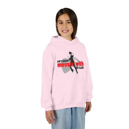“Ain’t Nobody Messin’ with My Click” Tap Dance Graphic with Tap Shoes & Dancer - Unisex Youth Hoodie – Streetwear Tap Dancing Hoodie for Kids & Young Performers