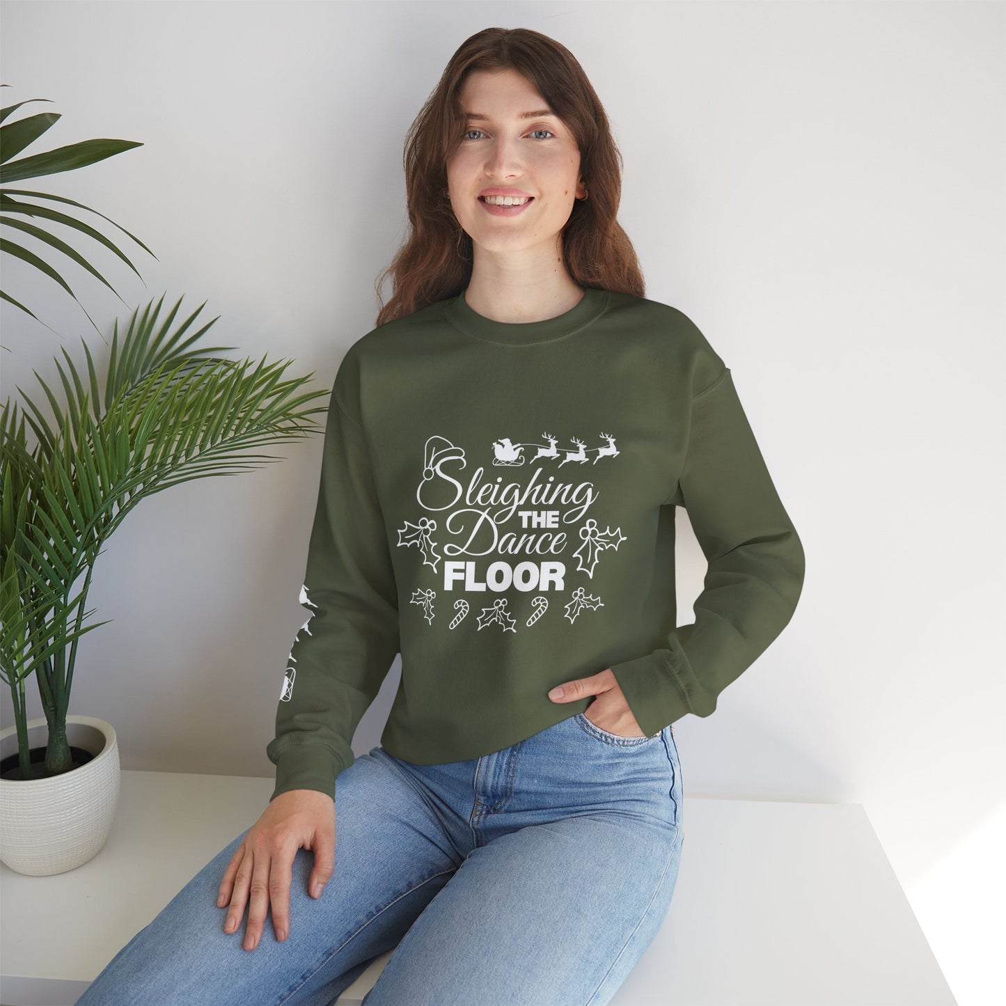 “Sleighing the Dance Floor” ADULT SWEATSHIRT Unisex Heavy Blend Crewneck – Festive Christmas Dance Sweatshirt with Santa’s Sleigh & Reindeer Arm Design, Perfect for Dancers & Studios