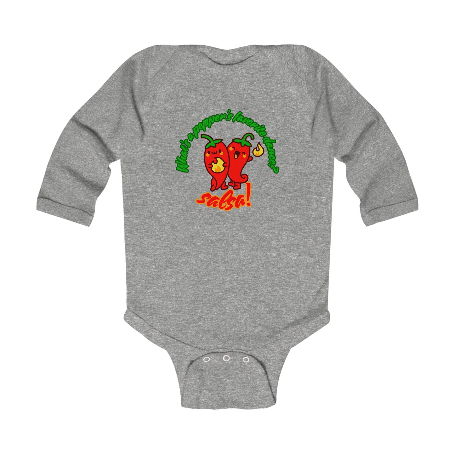 "What's a Pepper's Favorite Dance? Salsa!" Infant Long Sleeve Bodysuit – Cute Dance Pun Graphic Baby Outfit for Jeté Dance Fans