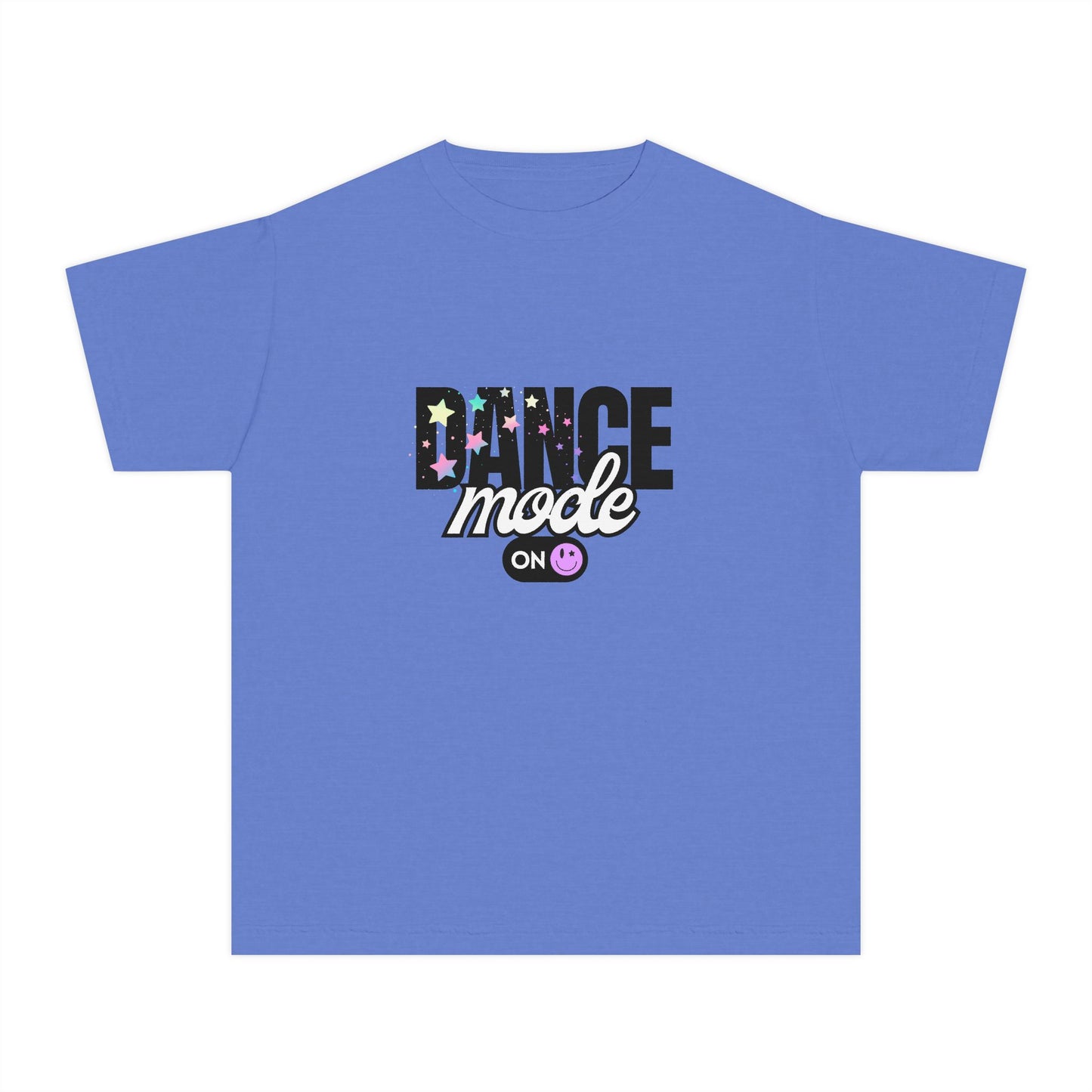 “Dance Mode On" Comfort Colors Youth Midweight  T-Shirt – Pastel Stars & Smiley Face Dance Graphic Tee for Kids