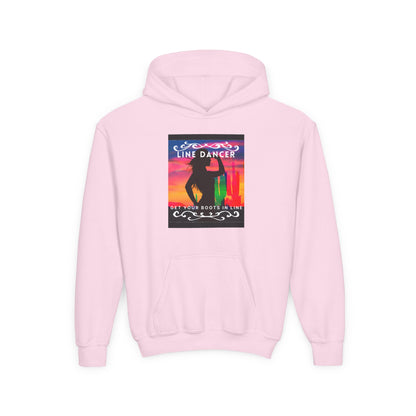 "Line Dancer" Youth Hoodie – Western Country Dance Graphic – 'Get Your Boots in Line' Unisex Pullover for Kids