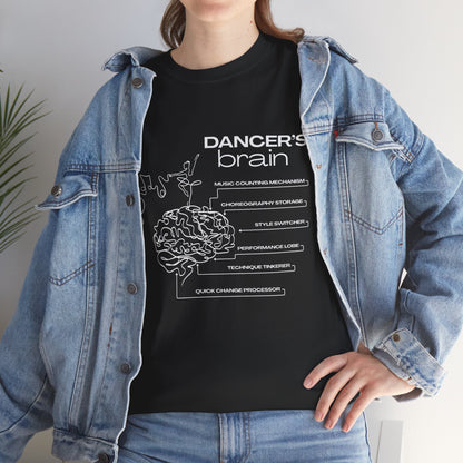 “Dancer’s Brain” Funny Dance Anatomy T-Shirt – Unisex Heavy Cotton Tee with Cute Dancer Brain Diagram and Optional Back Personalization