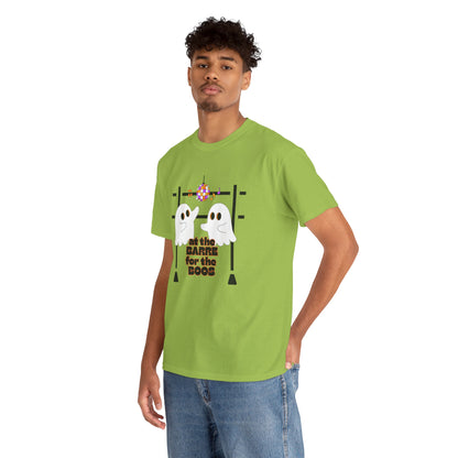 “At the Barre for the Boos” Dance Halloween T-Shirt with Cute Ghost Ballet Graphics - Unisex Heavy Cotton Tee