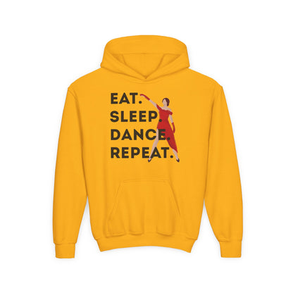 "Eat Sleep Dance Repeat" Youth Hooded Sweatshirt – Bold Dancer Graphic Fleece Hoodie for Kids and Teens