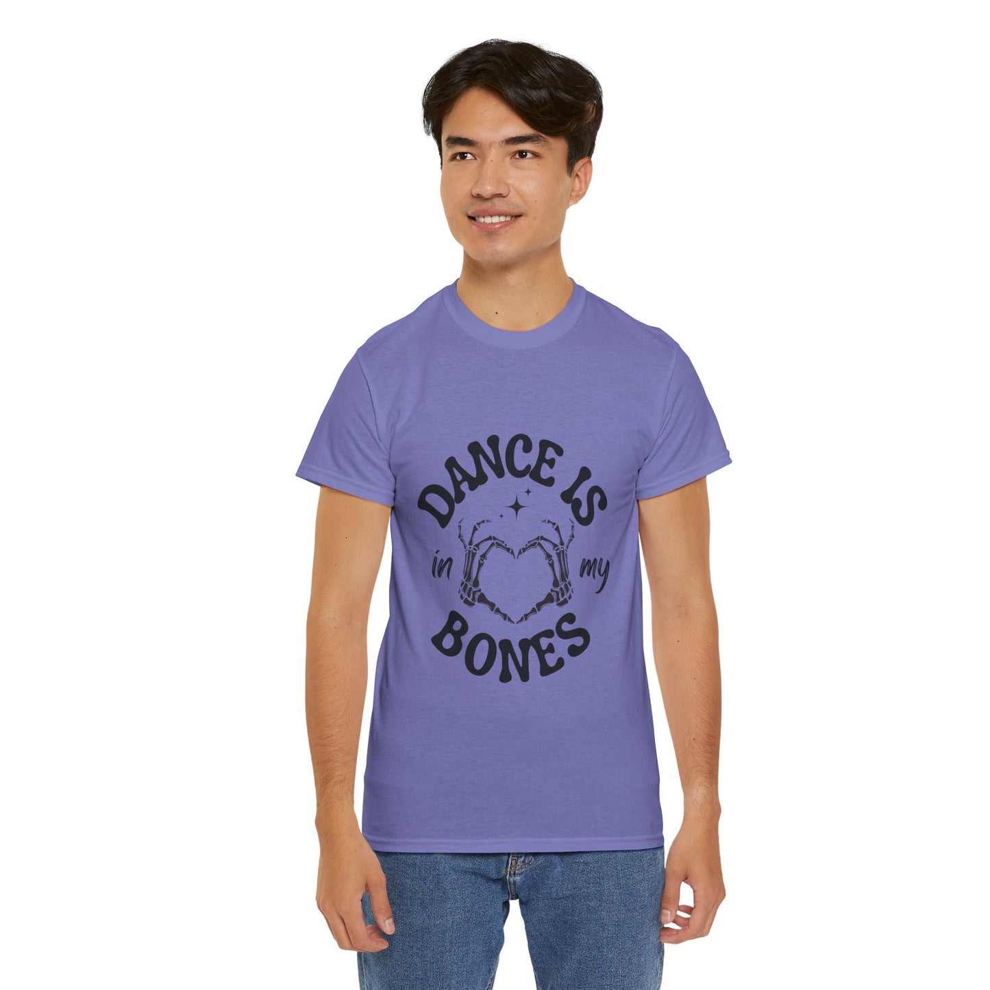 “Dance Is in My Bones” Halloween Dance T-Shirt with Cute Skeleton Heart Graphic - Unisex Heavy Cotton Tee