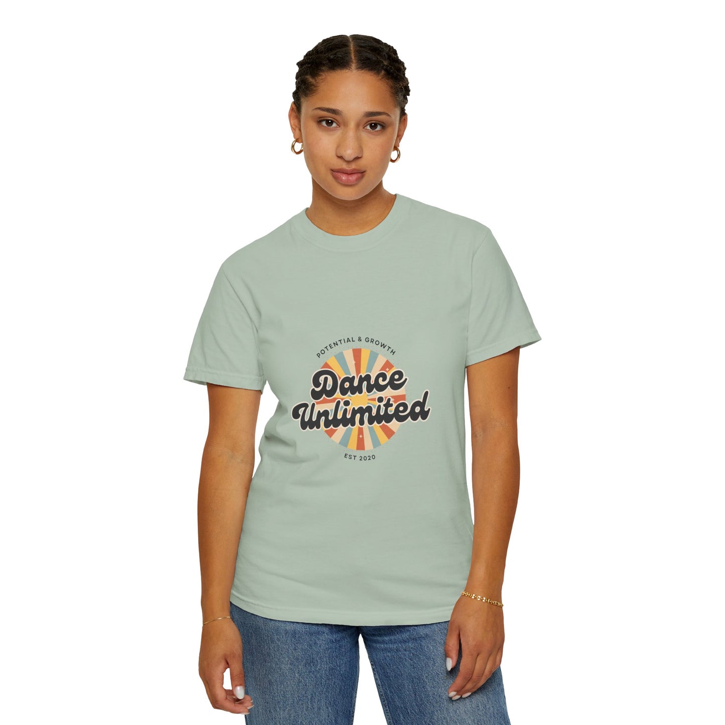 "Dance Unlimited, Potential & Growth" Unisex Garment-Dyed T-Shirt – Retro-Inspired Dance Motivation Graphic Tee – Inspirational Shirt for Dancers"