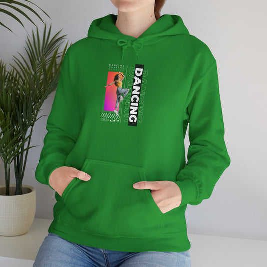 Dancing” Text with Streetwear-Style Female Dancer Graphic - Unisex Heavy Blend™ Hooded Sweatshirt – Cozy Dance Hoodie for Ballet & Hip-Hop Enthusiasts