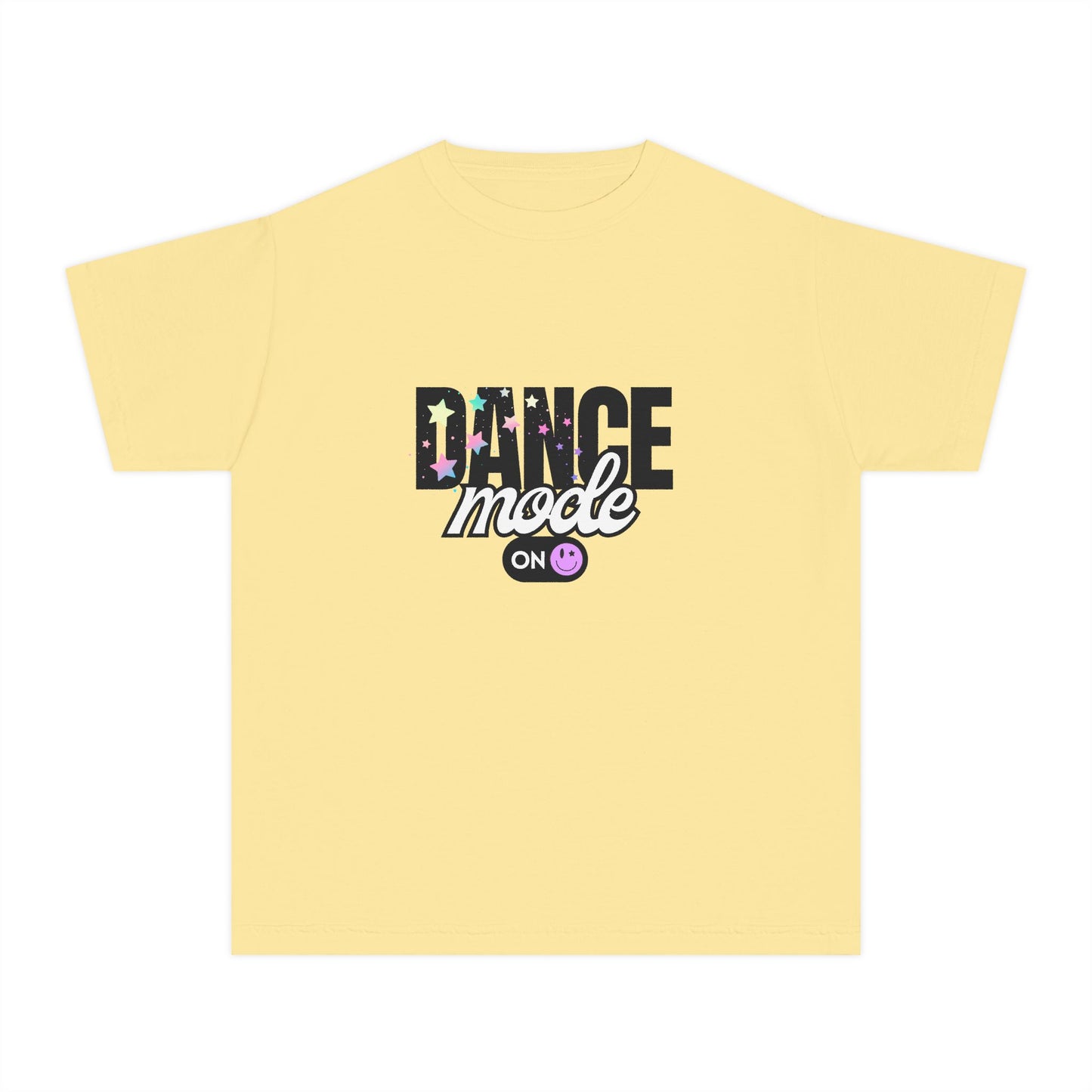 “Dance Mode On" Comfort Colors Youth Midweight  T-Shirt – Pastel Stars & Smiley Face Dance Graphic Tee for Kids