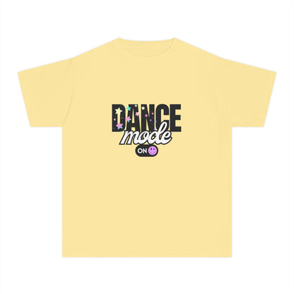 “Dance Mode On" Comfort Colors Youth Midweight  T-Shirt – Pastel Stars & Smiley Face Dance Graphic Tee for Kids
