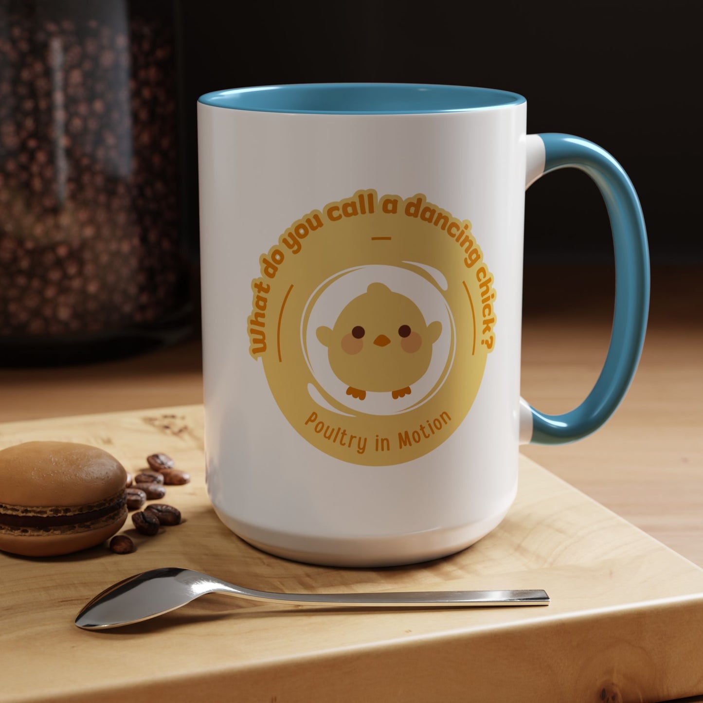 "What Do You Call a Dancing Chick? Poultry in Motion" Accent Coffee Mug – Funny Dance Pun Ceramic Mug for Dancers and Chick Enthusiasts