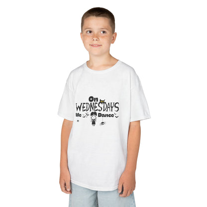 “On Wednesdays We Dance” Gothic Halloween T-Shirt with Cute Girl, Black Cat, Spiders & Bats - Kids Heavy Cotton™ Tee