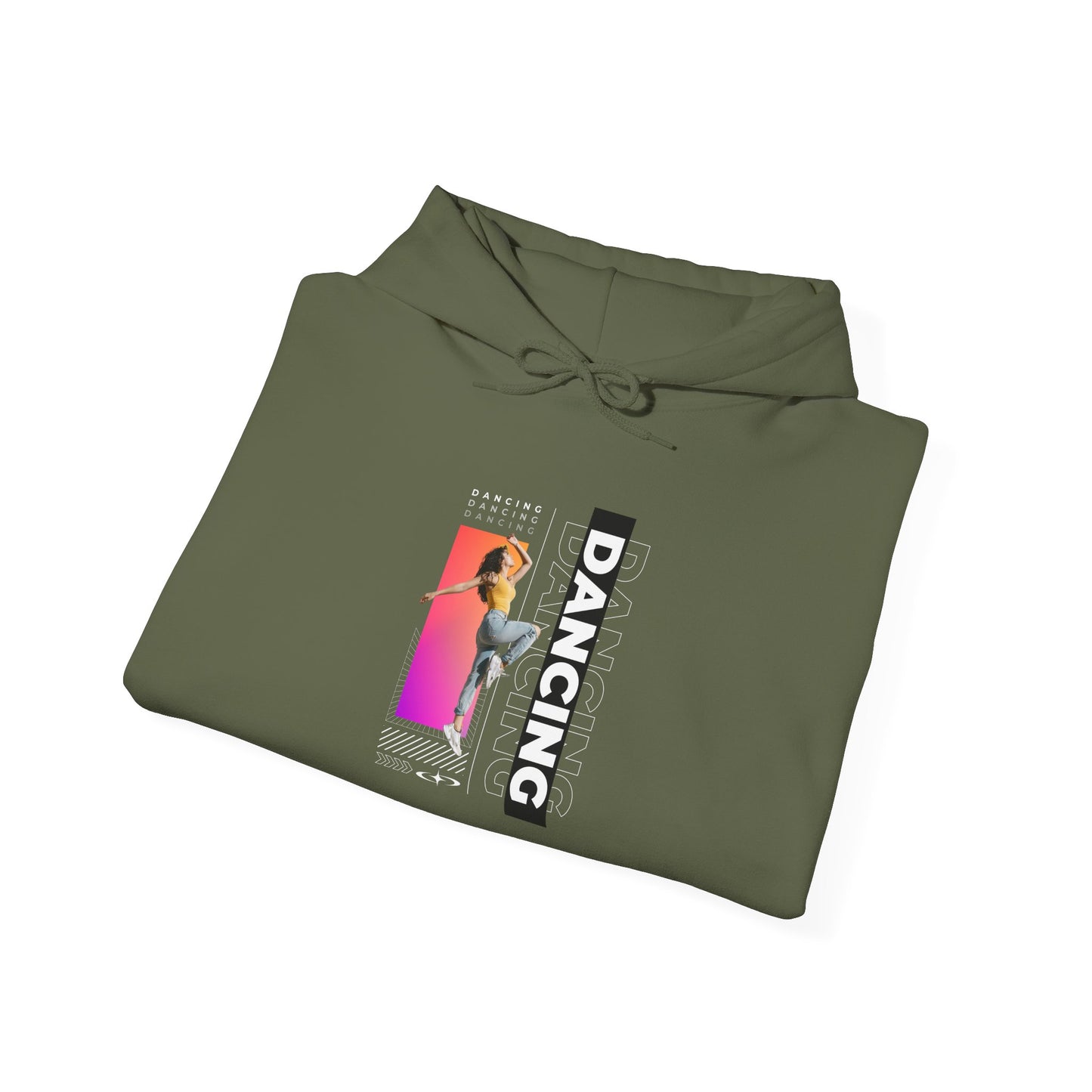Dancing” Text with Streetwear-Style Female Dancer Graphic - Unisex Heavy Blend™ Hooded Sweatshirt – Cozy Dance Hoodie for Ballet & Hip-Hop Enthusiasts