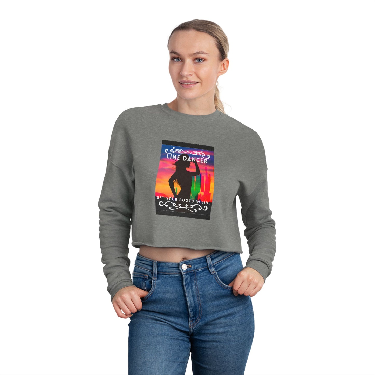 "Line Dancer, Get Your Boots in Line" Western-Inspired Graphic – Women’s Cropped Fleece Sweatshirt