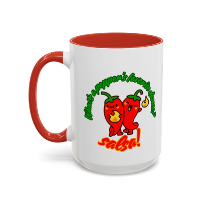 "What's a Pepper's Favorite Dance? Salsa." Accent Coffee Mug – Funny Dance Pun Ceramic Mug for Dancers and Food Lovers