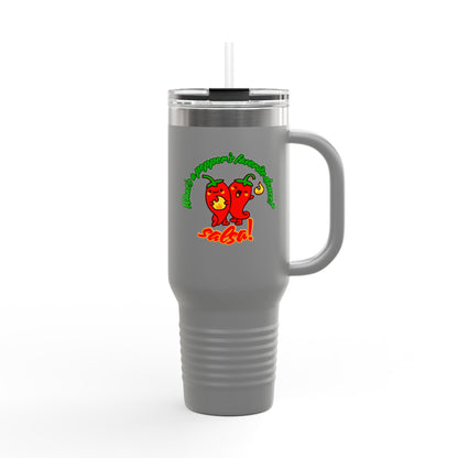 "What's a Pepper's Favorite Dance? Salsa." Funny Dance Quote 40oz Insulated Travel Mug – Bold Pepper Graphic Stainless Steel Tumbler