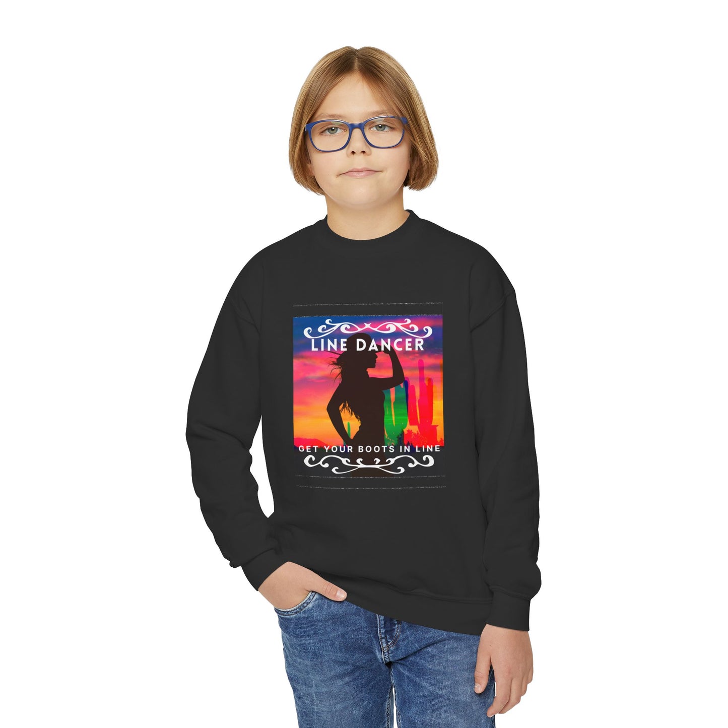 "Line Dancer, Get Your Boots in Line!" Youth Crewneck Sweatshirt – Western-Inspired Dance Graphic – Country Dance Pullover for Kids