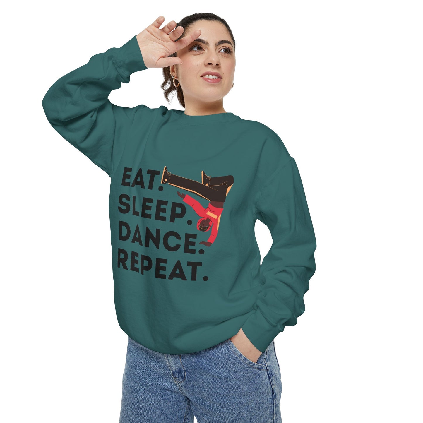 "Eat, Sleep, Dance, Repeat." Unisex Lightweight Crewneck Sweatshirt – Bold B-Boy Graphic Pullover for Hip-Hop Dancers & Street Style Fans