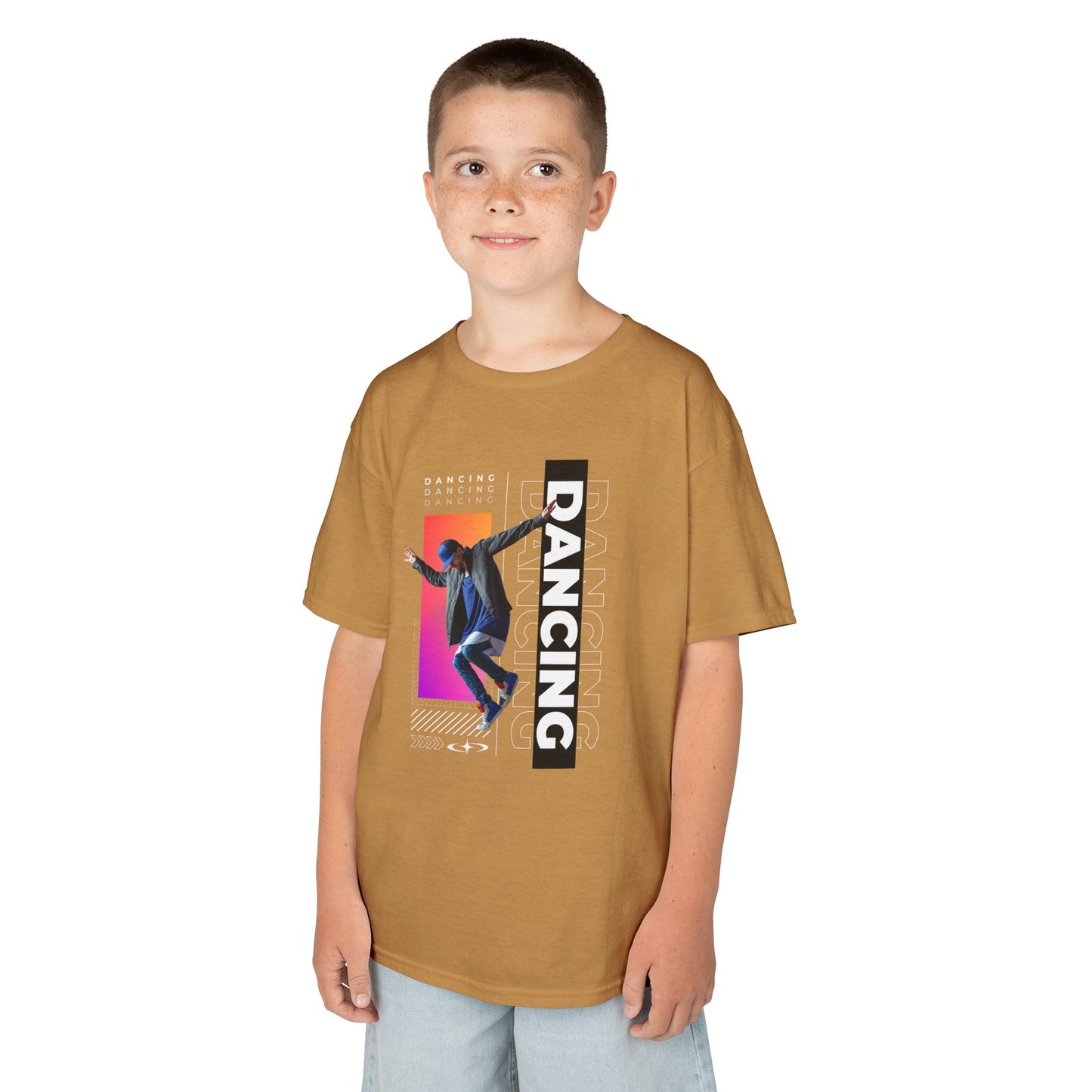 “Dancing” Youth Short Sleeve T-Shirt – Streetwear-Inspired Male Dancer Graphic – Stylish Kids Dance Apparel Tee