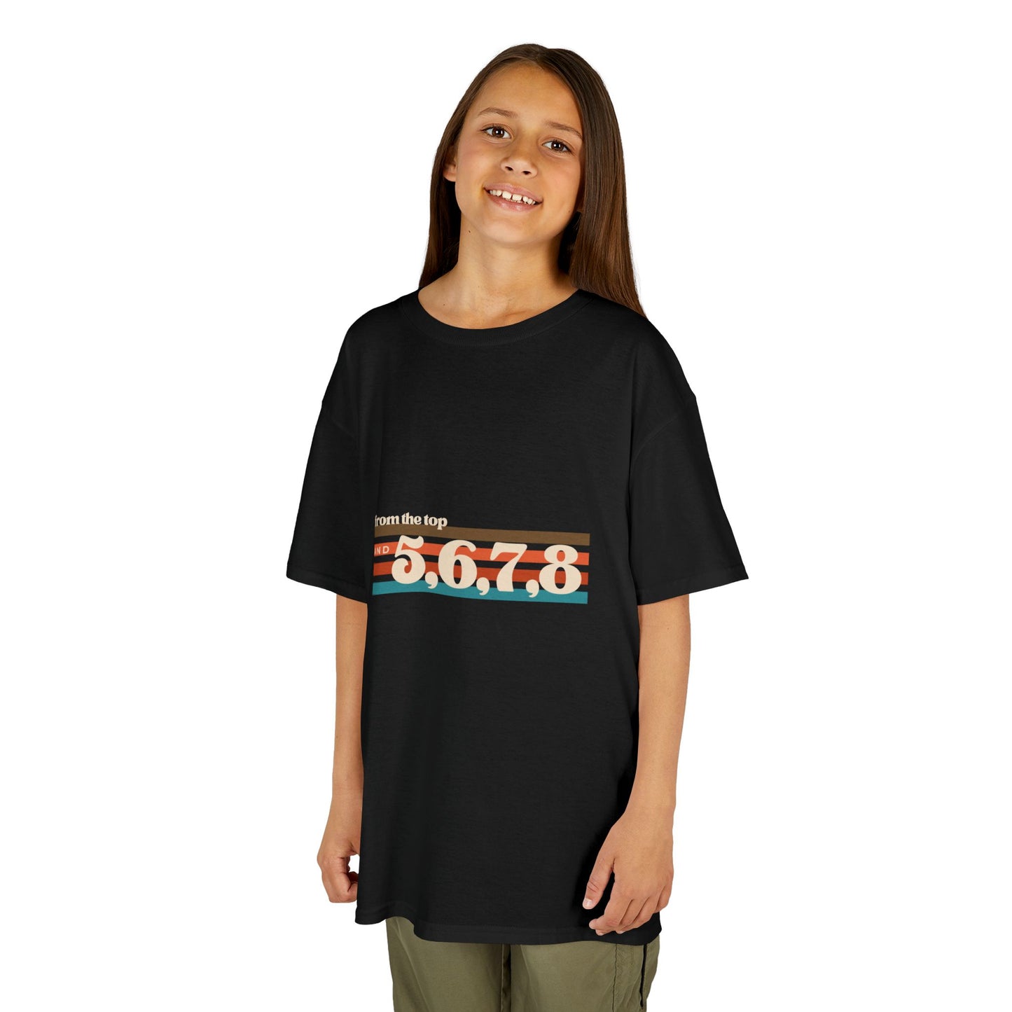 “From the Top and 5, 6, 7, 8” Youth Short Sleeve Tee – Retro Graphic Dance Shirt for Kids and Young Performers