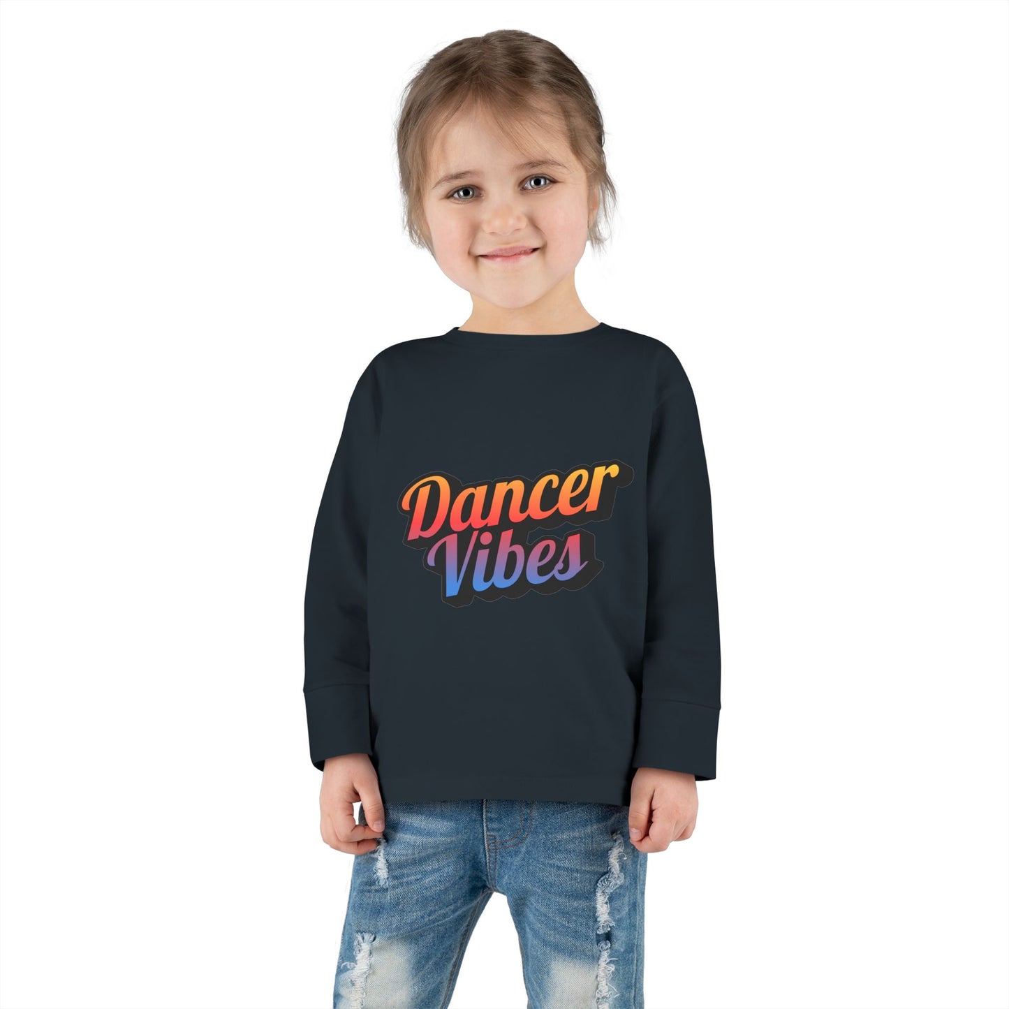 "Dancer Vibes" Toddler Dance T-Shirt – Colorful Text Graphic Long Sleeve Tee for Kids