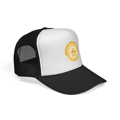 "What do you call a dancing chick? Poultry in Motion" Funny Dance Trucker Hat – Cute Chicken Graphic Unisex Cap for Dancers & Pun Lovers
